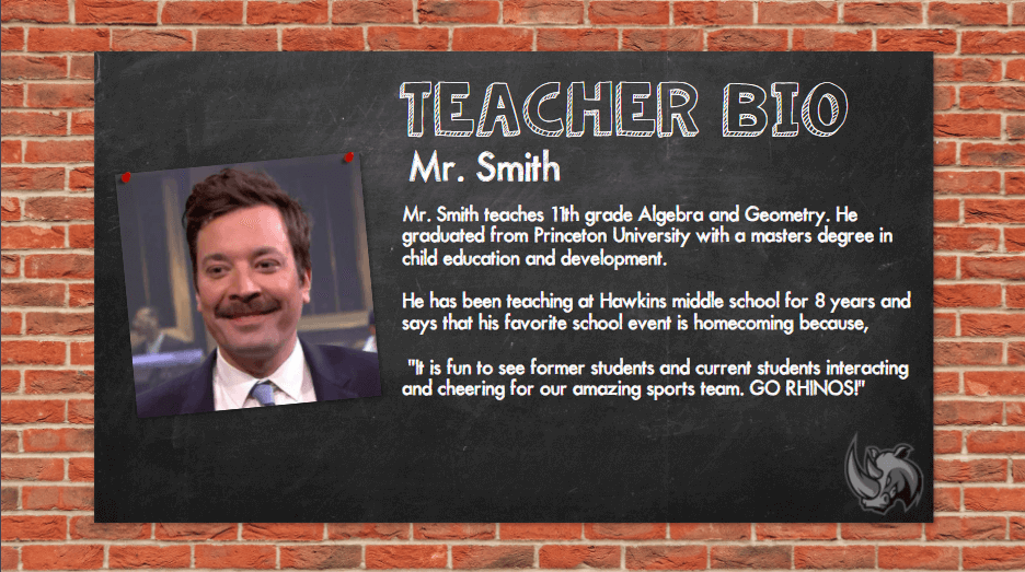 A chalkboard displaying a teacher biography for Mr. Smith
